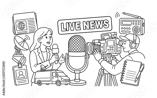 Journalism Media Coverage. Clean outline banner scene of a news studio with one journalist and one camera operator covering a story, featuring oversized microphone and broadcast camera as main