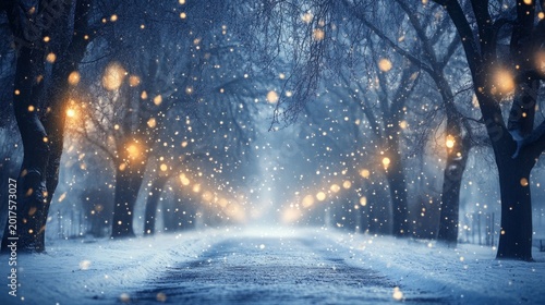 Snowy alleyway illuminated by hanging string lights offers a romantic and chilly winter scene for seasonal themes.