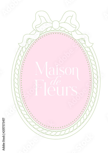 Elegant Oval Frame Vector with Ribbon Bow and Decorative Border. Feminine Vintage Label for Boutique Branding, Wedding Invitations, Beauty Packaging and Romantic Design