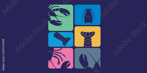 Tableau sur toile Colorful illustration of various lobster and crab silhouettes on a dark background, showcasing different parts and species of crustaceans in a grid layout