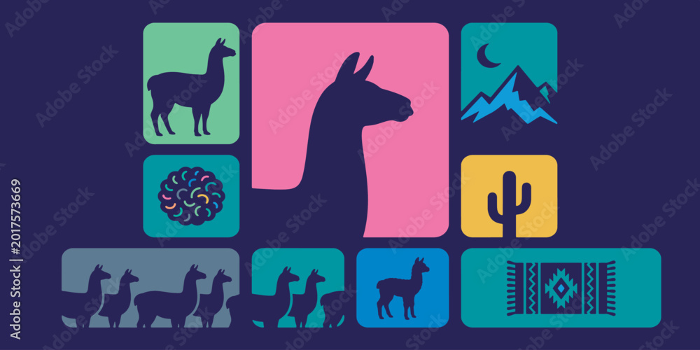 Fototapeta premium Colorful Llama and South American Culture Icons Vector Illustration.