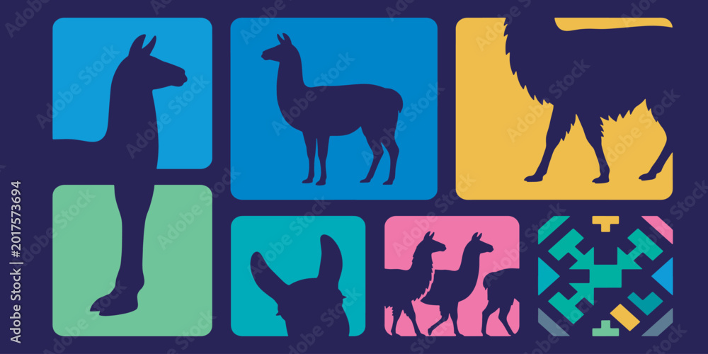 Fototapeta premium Colorful Llama Silhouettes in Geometric Blocks on a Dark Background.