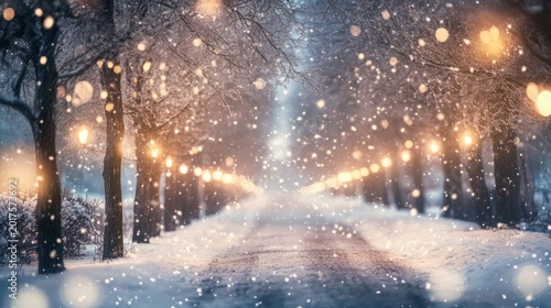 Winter path lined with glowing fairy lights creates a magical atmosphere during a soft evening snowfall in forest.
