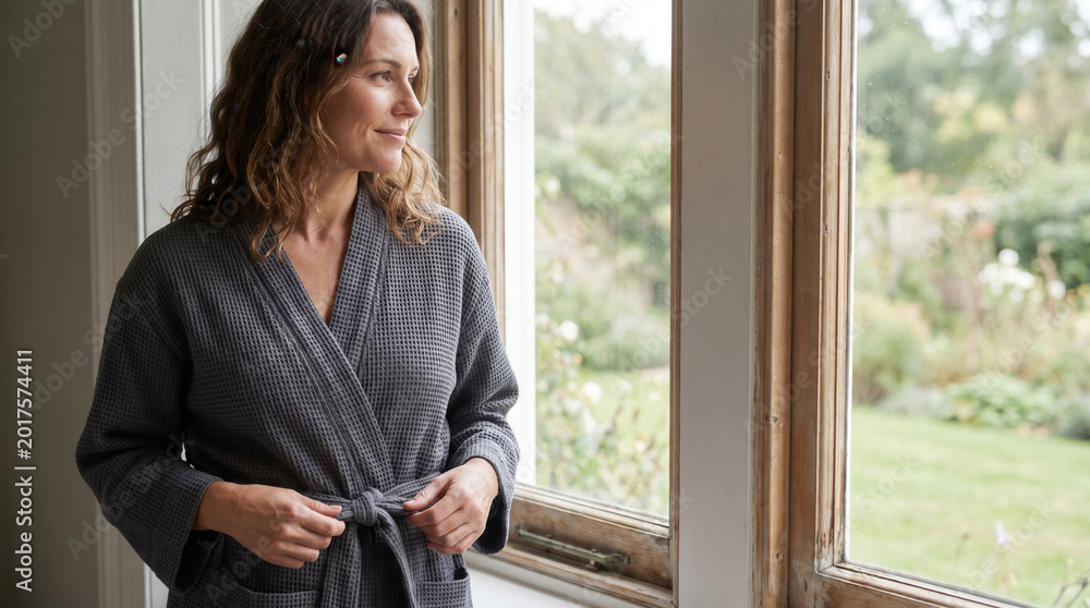 Fototapeta premium Woman in gray robe relaxing by window with garden view
