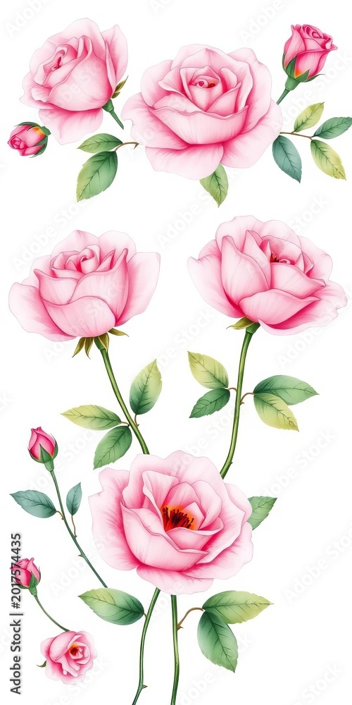 Fototapeta premium Delicate pink rose flower set watercolor hand drawn illustration isolated on white background, subtle, nature-inspired