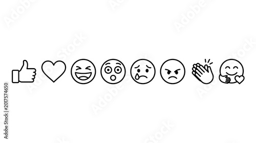 Diverse collection of minimalist line art social media reaction emojis and emotional icons for digital communication and online expression