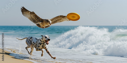 funny poster with a seagull and a dog trying to catch a yellow plastic disc, a copy space for International Dog Day, a concept for trips to the seaside with beloved pets