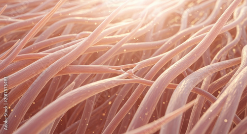Anti aging science concept showing close up of hair follicle strands with glowing particles for health and beauty care