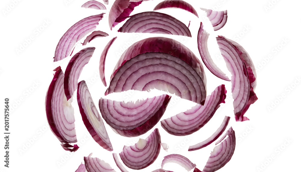 Obraz premium Floating red onion layers isolated on ultra realistic cut out isolated on white background PNG. AI GENERATED.