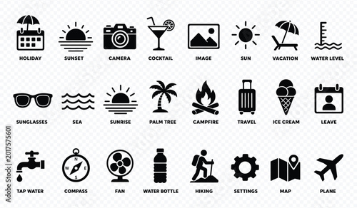 Set of minimalist black travel and summer vacation icons featuring beach elements and outdoor adventure symbols for web design or mobile application interface