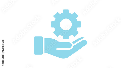 Light blue icon of a hand holding a gear symbol representing industry or technology support.