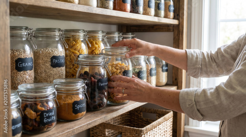 Woman organizing jars in pantry with labeled containers on shelves  