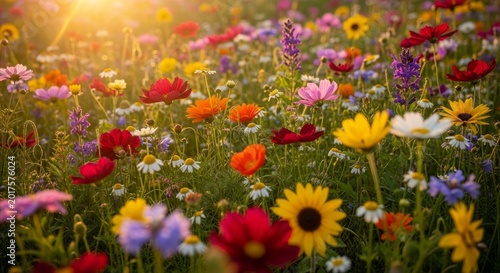 Beautiful Vibrant Wildflower Meadow Under Golden Morning Sunlight