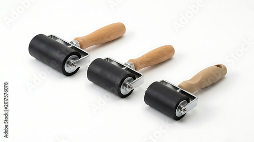 Three rubber brayer rollers for printmaking and crafting isolated on white background
