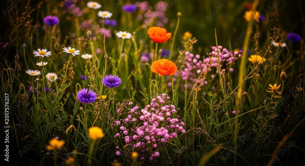 Obraz premium Beautiful Wildflower Meadow with Colorful Blooms in Natural Sunlight