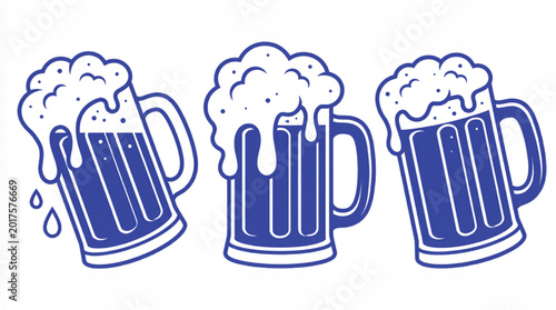 Slika na platnu Blue line art beer mugs with frothy foam, set of three glass tankards with overf