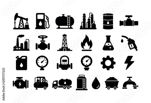 Oil Gas Industry. Solid glyph icon set of oil gas and energy production: oil rig, fuel pump, gas tank, refinery, barrel, pipeline, industrial plant, valve, drilling tower, combustion flame,