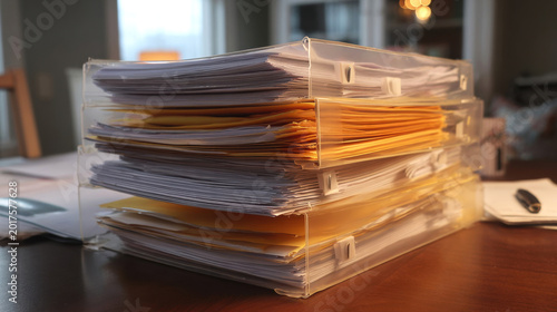 Stack of clear plastic file organizers filled with various documents and envelopes on a wooden table, soft natural light illuminating the scene