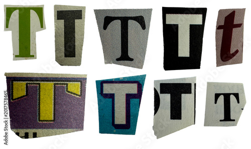 Tableau sur toile Ransom note style font letter T cut from vintage newspapers and magazines