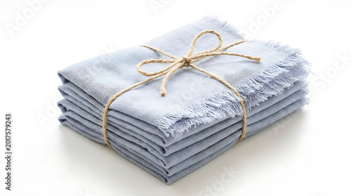 Stack of light blue linen napkins with frayed edges tied with twine isolated