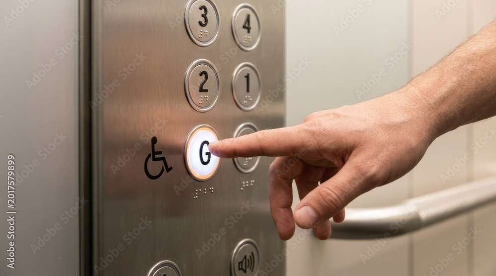 Obraz premium Hand Pressing Elevator Button Button Hand Ground Floor Accessibility Interior Modern Lift. Concept featuring button, hand, ground floor, accessibility, interior for professional commercial design.