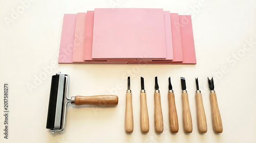 Linocut printmaking supplies including rubber blocks, brayer and carving tools
