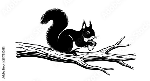 Canvas Print Black squirrel eating nut on a tree branch, illustration, isolated on white back