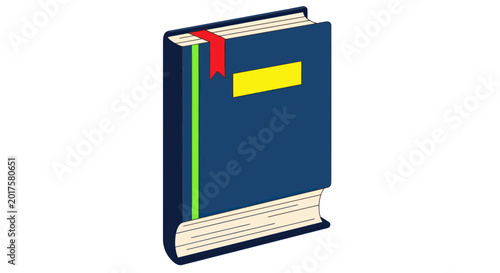 Bild auf Leinwand Closed Blue Book With Bookmark, Yellow Label on Cover, White Background