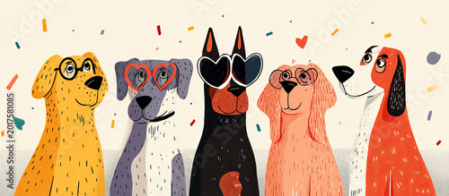 Five cartoon dogs with glasses and sunglasses in various colors, surrounded by colorful confetti on a light background, celebrating a festive occasion