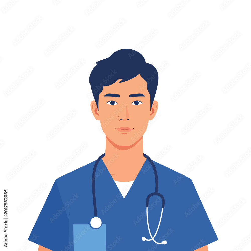 Fototapeta premium Male doctor or nurse in blue scrubs with stethoscope cartoon style