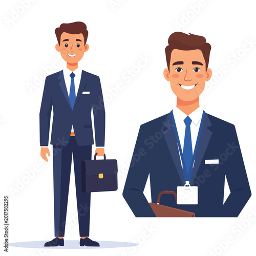 Successful business man and woman standing with a briefcase and suit symbolise teamwork and professional company manager success in this cartoon vector illustration office avatar icon