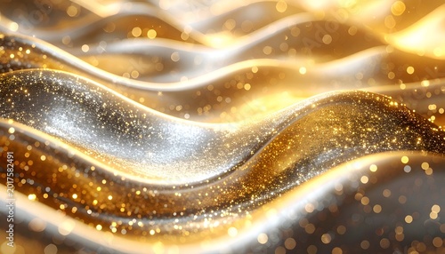 Abstract golden and silver shimmering fabric waves, with bokeh lights