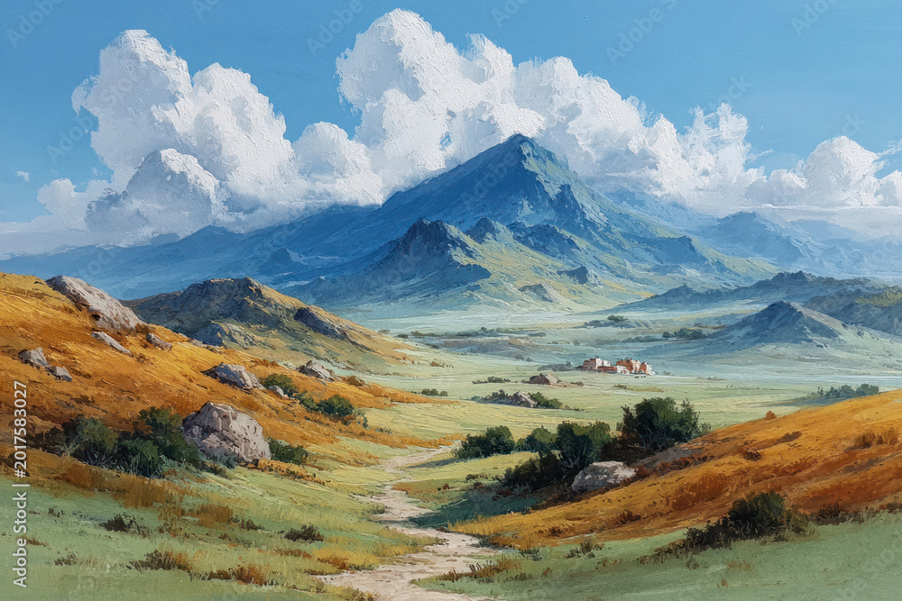 Naklejka premium Sunlit Mountain Valley Landscape Painting