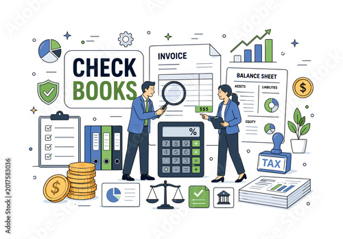 Accounting Finance Control. Clean editorial banner scene about accounting, audit, and financial reporting, two geometric professionals inspect an oversized invoice beside a giant calculator and