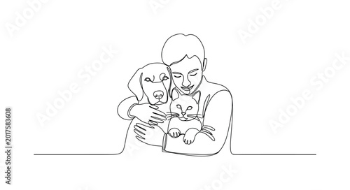 Person embracing a dog and a cat in a minimalist continuous line art style