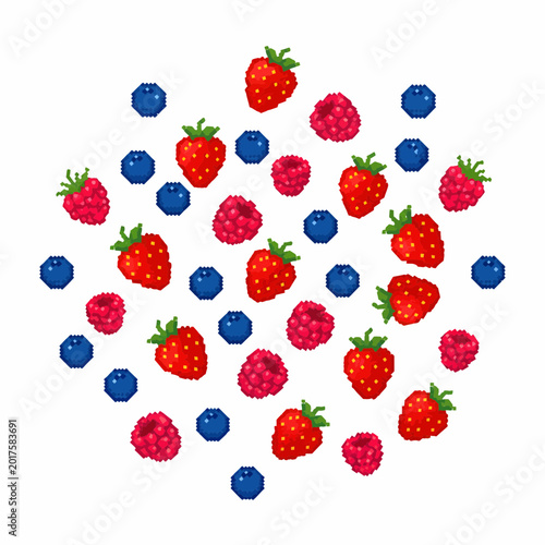 A vibrant composition of scattered strawberries, blueberries, and raspberries forms a colorful pattern.