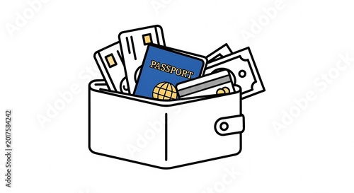 Illustration of a wallet filled with passport, credit cards, and cash.