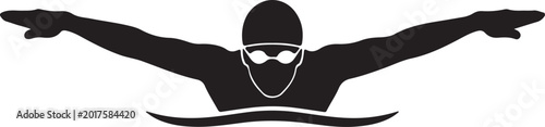 Black silhouette icon of a professional swimmer wearing goggles and a swimming cap performing the butterfly stroke in a competitive pool race style silhouette vector