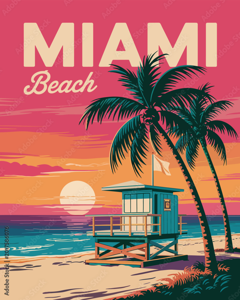 Fototapeta premium Miami Beach Travel Poster with Lifeguard Tower, Tropical Palm Trees, Ocean Waves and Coastal Scenery, Retro Style Vector Illustration for Surf Culture and Vacation Decor