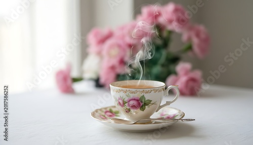 Delicate floral teacup steaming with hot tea surrounded by soft pink peonies on white surface