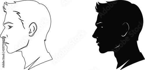 Fotografía Outline and black silhouette of a young man with spiky hair in profile view, vector illustration