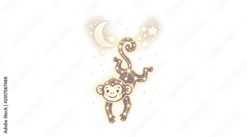 Fototapeta premium Cute cartoon monkey hanging from a crescent moon.