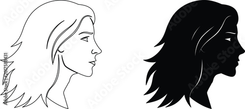 Tableau sur toile Sad woman profile illustration in black silhouette and outline drawing