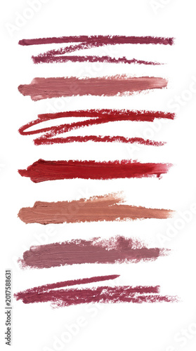Cosmetic lip liner swatches in red and nude tones, professional makeup pencil texture strokes, beauty product color palette for lip contouring isolated PNG with Transparent Background