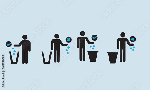 Person throwing trash into bins with checkmarks and crosses