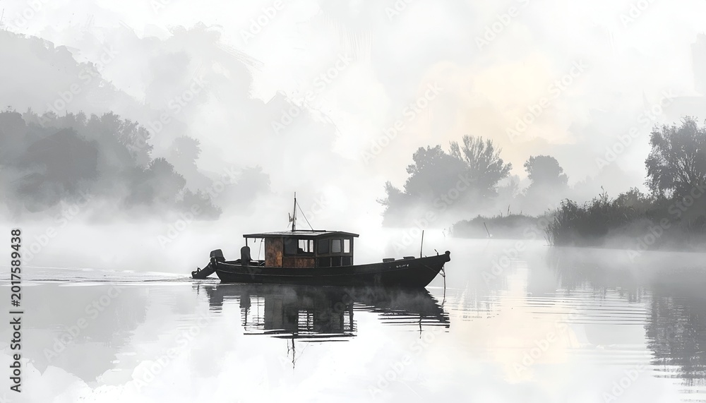 Fototapeta premium Boat on misty river with trees reflected in water, serene grayscale landscape