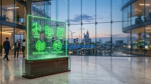 Innovative green energy technology showcase urban office space digital display modern environment interior viewpoint esg sustainability focus