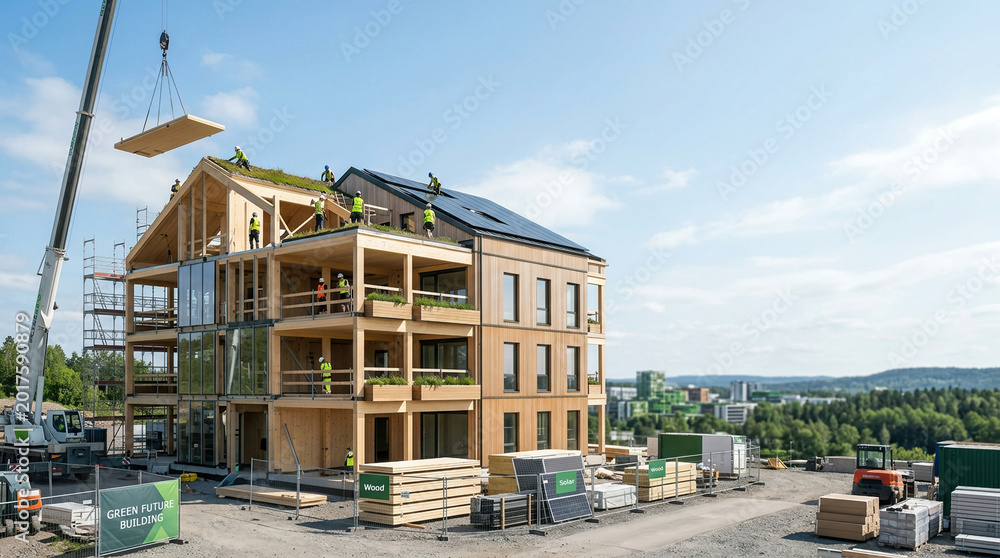 Fototapeta premium Sustainable construction site advancements green energy focus eco-friendly practices urban environment aerial view of building progress