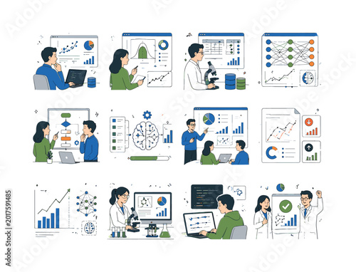 AI Data Research. Data reports, science models, deep analysis, machine learning, algorithms, predictions, probability, and system intelligence. 12 minimalist editorial vector scenes: a data scientist