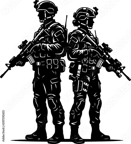 Foto Male and female soldiers holding Rifles silhouette vector illustration